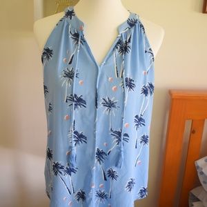 Blue Palm Print Tassel Tie Tank Top